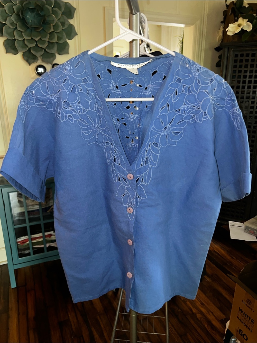 Vintage Nancy Johnson Blue Embroidered V-Neck Button Front Top